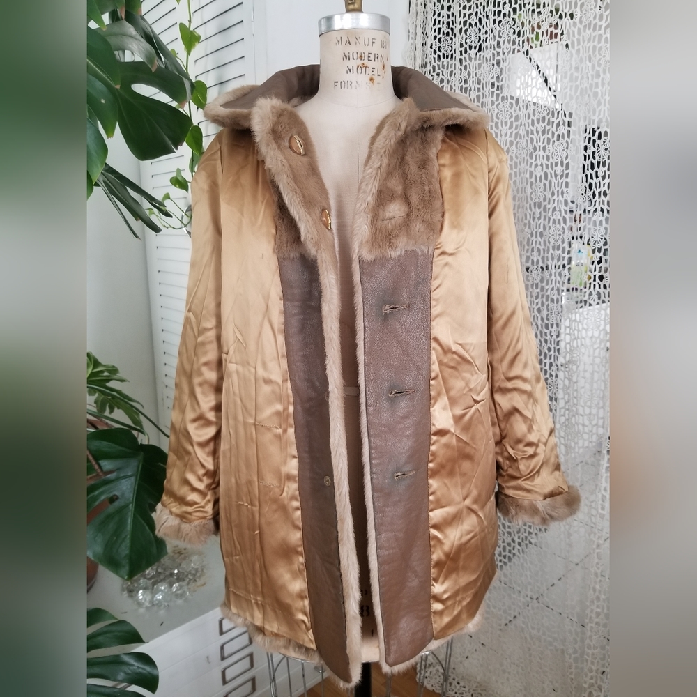 Vntg Caramel Tan Faux Fur Coat - Picture 8 of 14